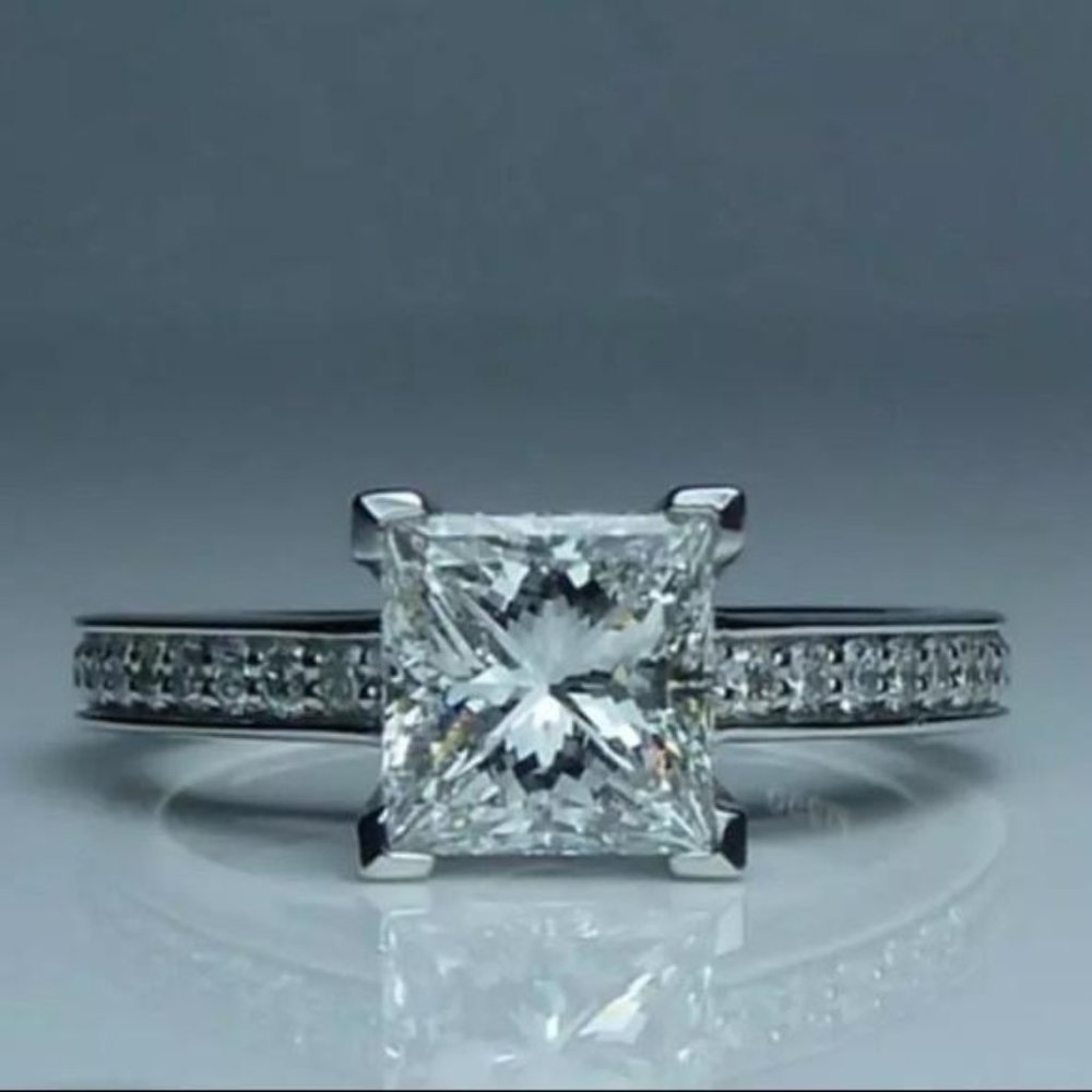 14K White Princess Square Engagement Ring - Picture 1 of 7